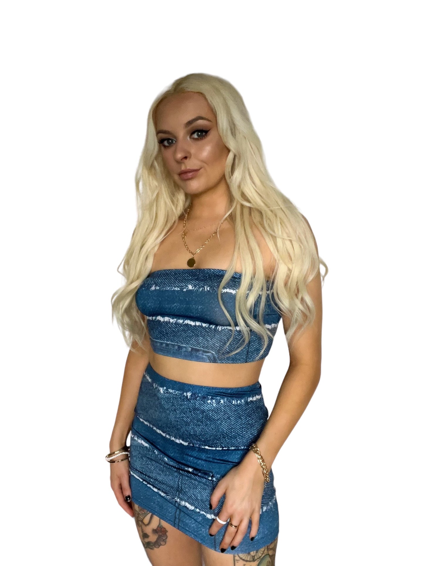 Denim Y2K Bandeau Skirt Co-Ord Set