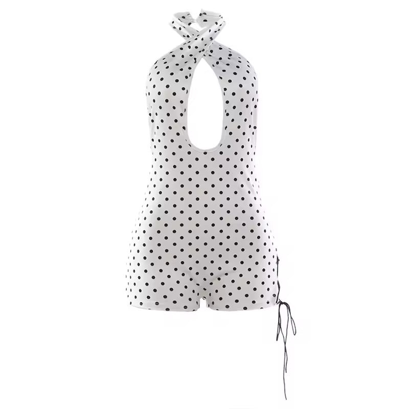 White Polka Dot Halterneck Lace Up Retro Pin Up Playsuit