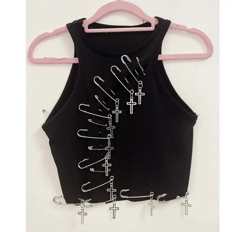 Black Punk Safety Pin Charm Crop Top