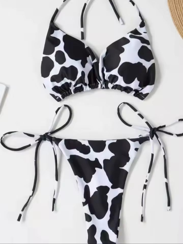 Black And White Sexy Cow Girl 3 Piece Bikini Chap Tassel Trousers Cosplay Outfit Set