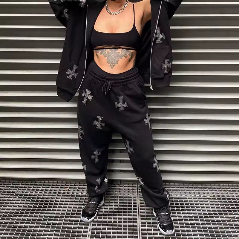 Black Gothic Rhinestone Cross Casual Jogging Sweatpants Trousers