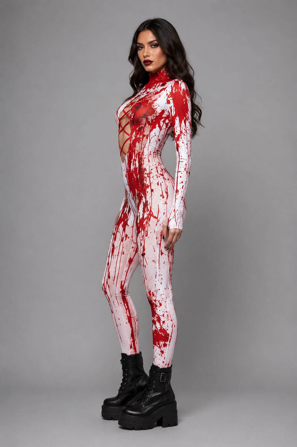 Cyberpunk Horror Sexy Blood Splatter Cut Out Catsuit Halloween Gore Costume