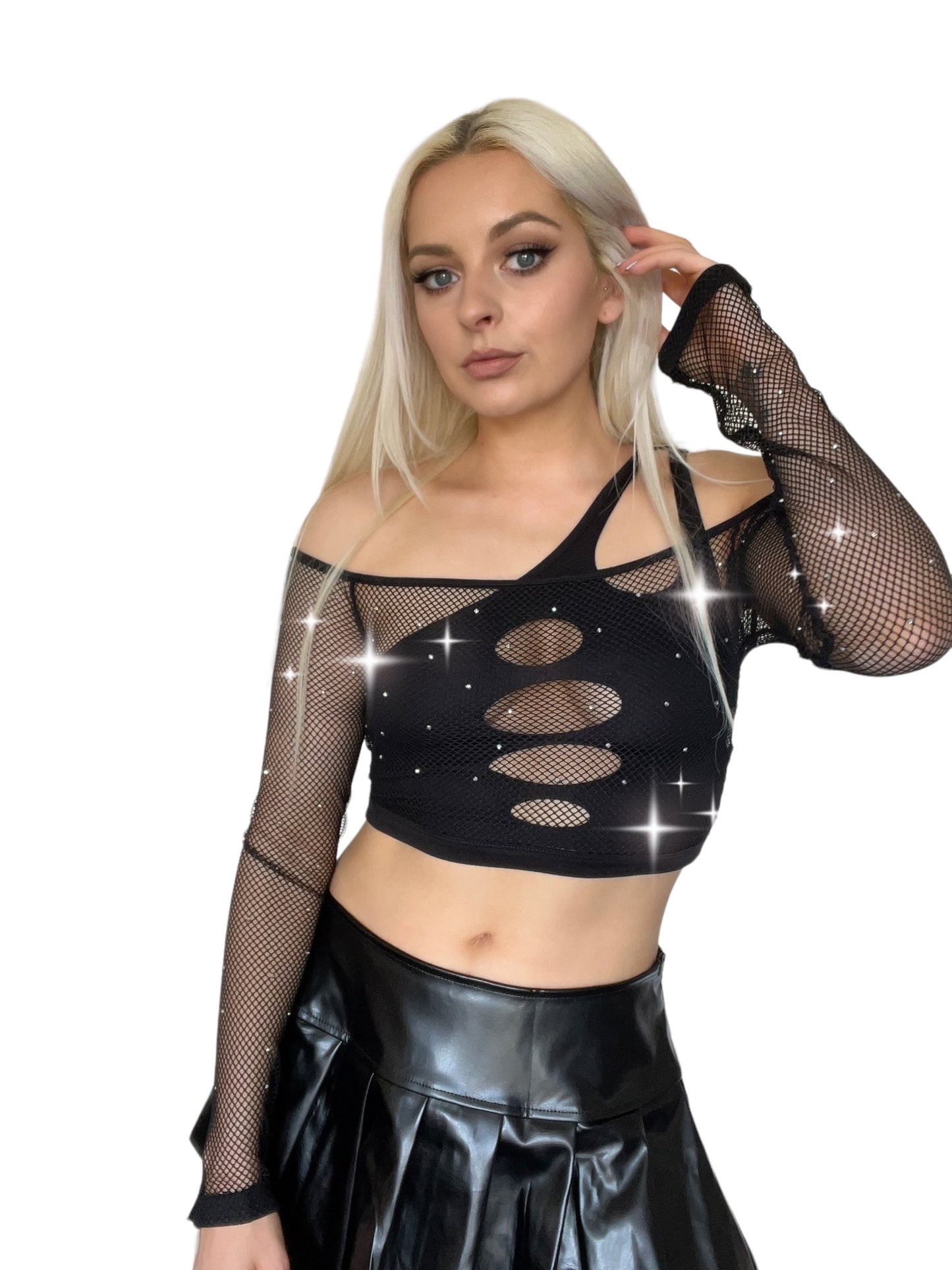 Black 2 Piece Rhinestone Fishnet Crop Top Techno Set