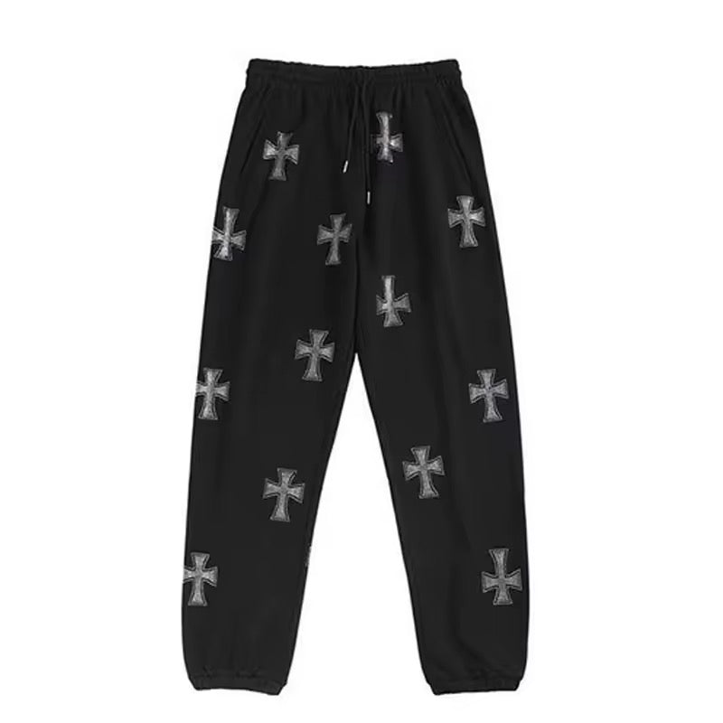 Black Gothic Rhinestone Cross Casual Jogging Sweatpants Trousers