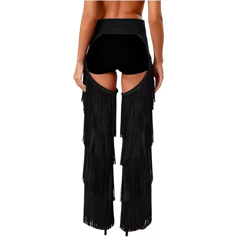 Black Faux Suede Tassel Cut Out Chaps Trousers With Belt