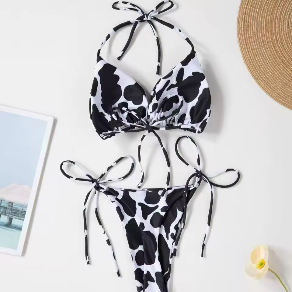Black And White Sexy Cow Girl 3 Piece Bikini Chap Tassel Trousers Cosplay Outfit Set