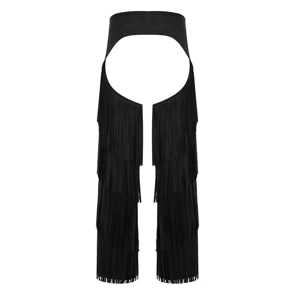 Black Faux Suede Tassel Cut Out Chaps Trousers With Belt