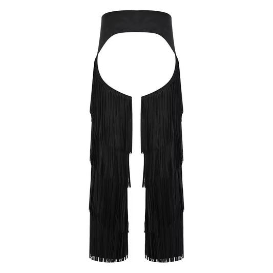 Black Faux Suede Tassel Cut Out Chaps Trousers With Belt