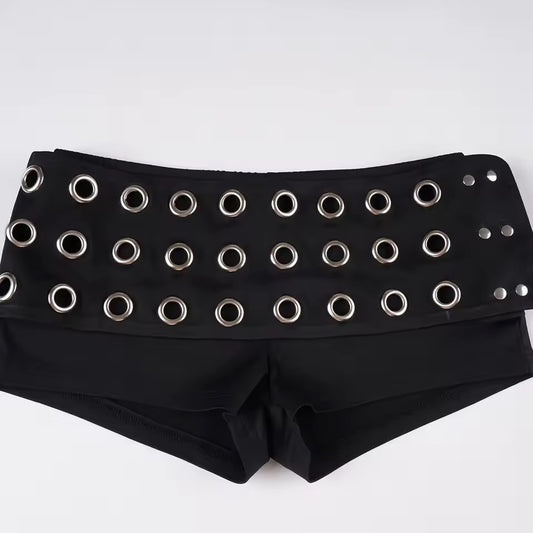 Black Low Rise Punk Festival Eyelet Booty Shorts