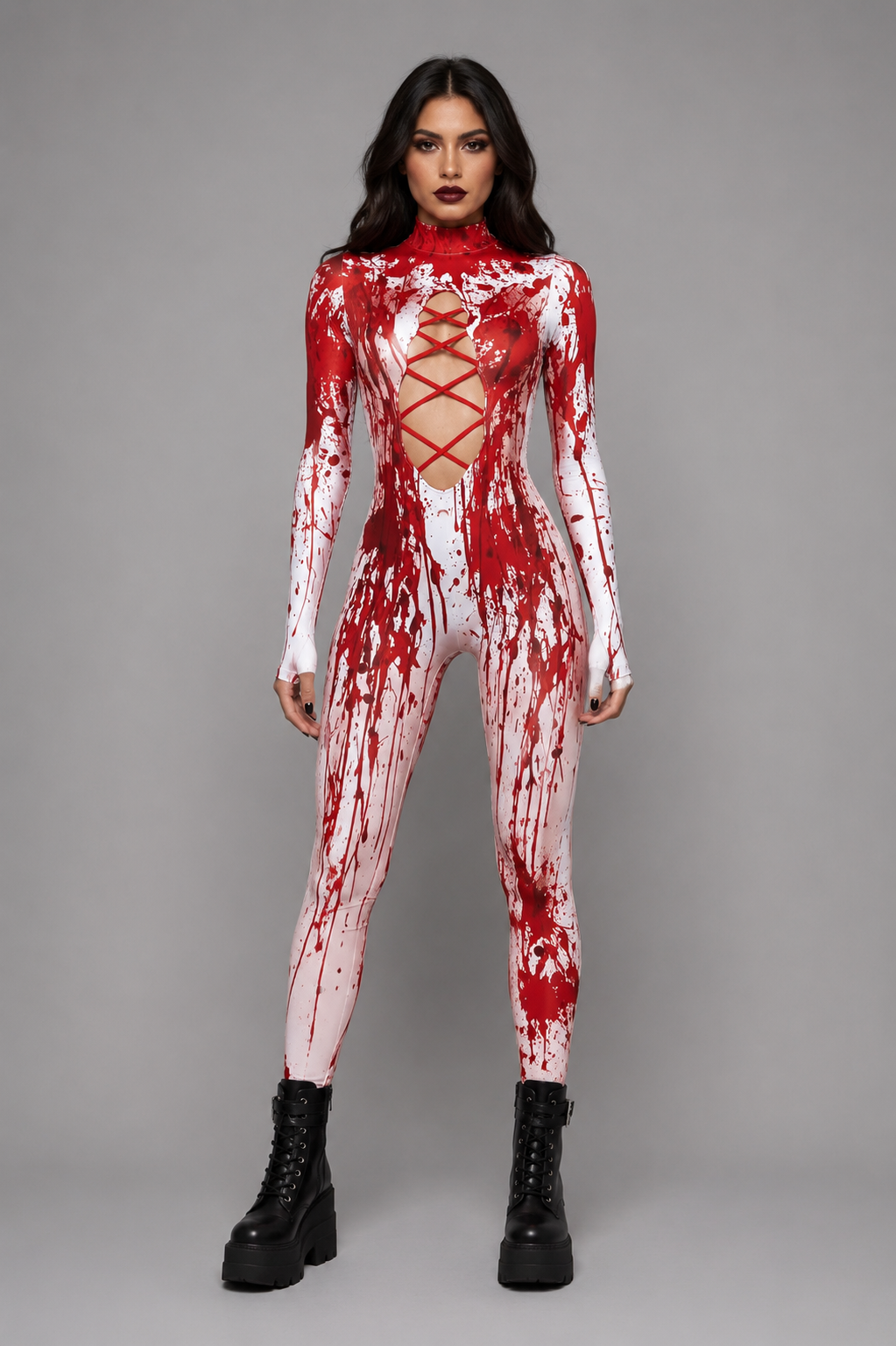 Cyberpunk Horror Sexy Blood Splatter Cut Out Catsuit Halloween Gore Costume