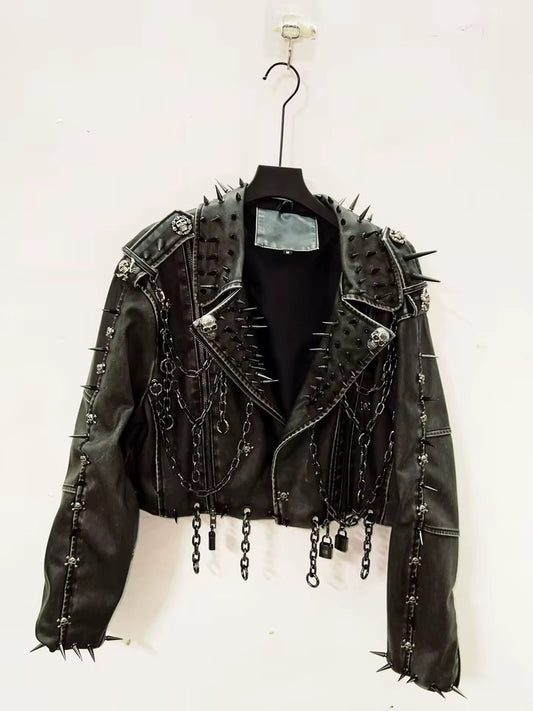 Black Leather Skull Spike Studded Punk Jacket