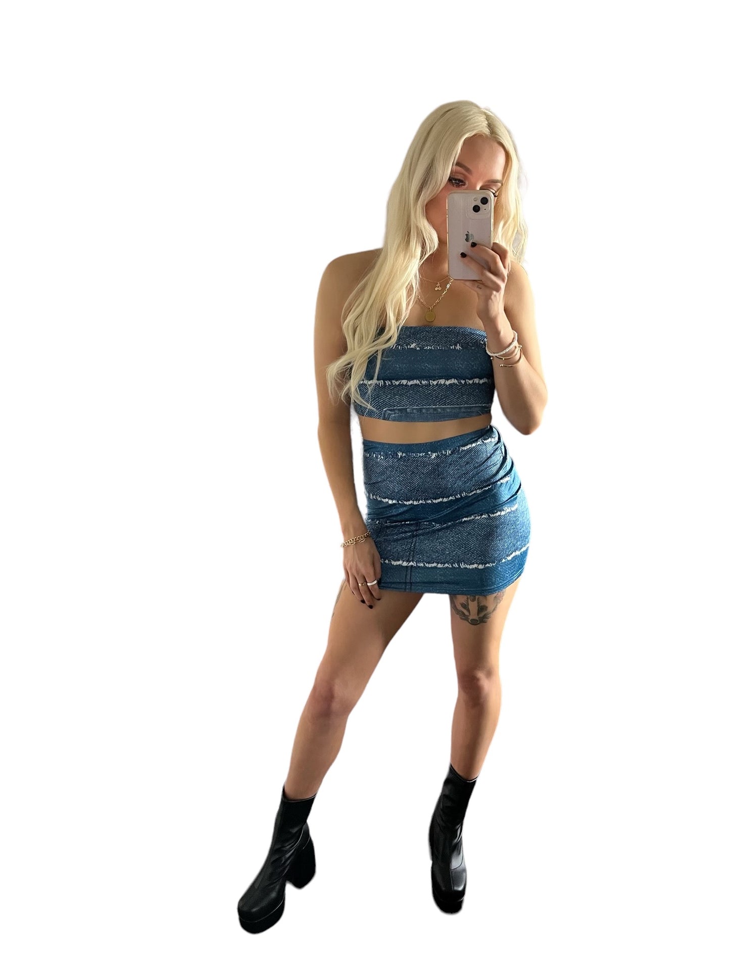 Denim Y2K Bandeau Skirt Co-Ord Set