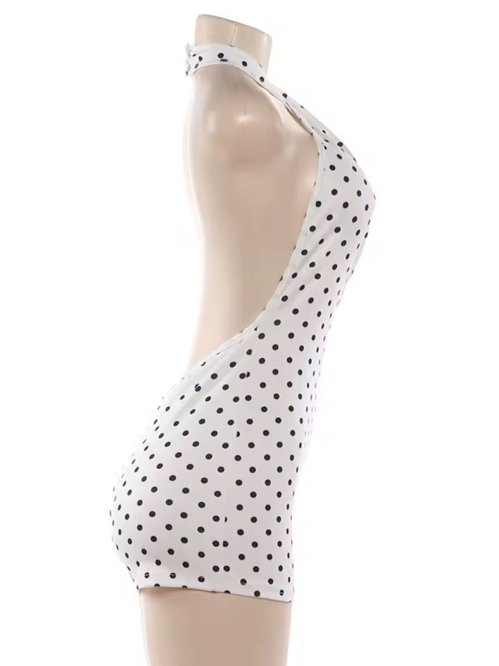 White Polka Dot Halterneck Lace Up Retro Pin Up Playsuit