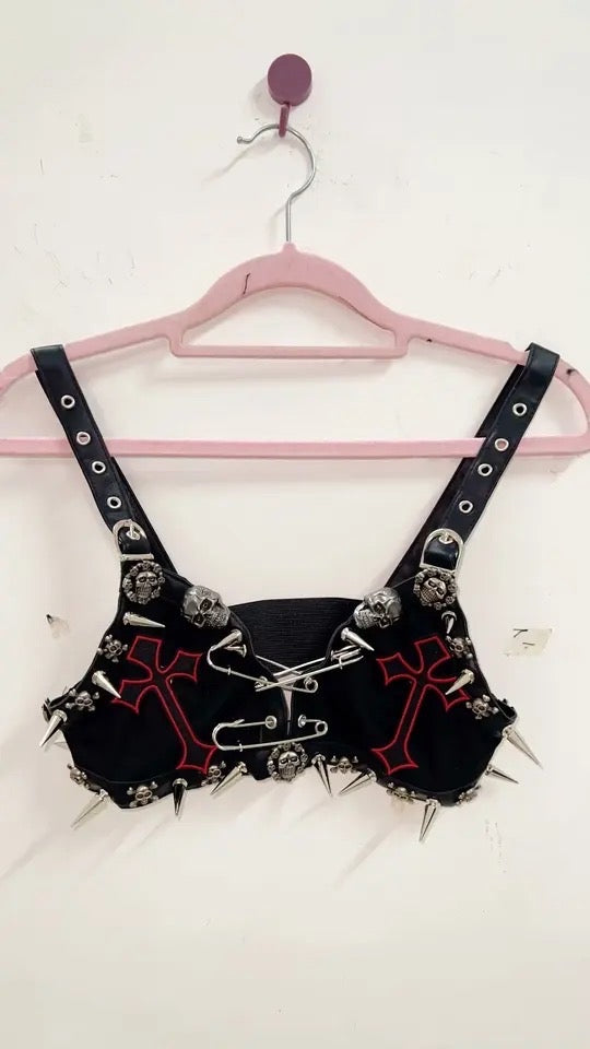 Black Punk Spike Studded Cross Skull Crop Top