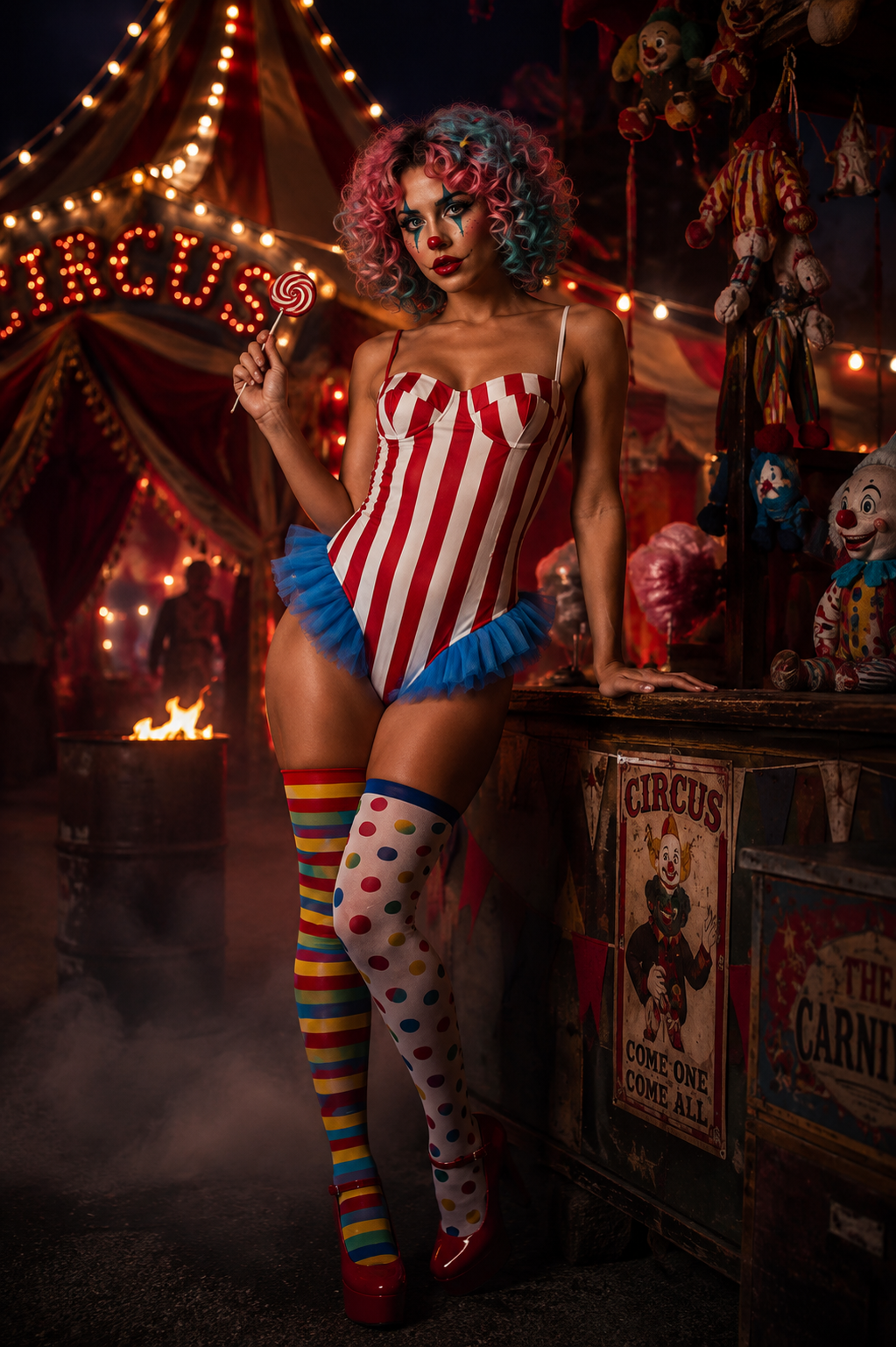 Carnival Clown Striped Frill Costume Bodysuit Cosplay