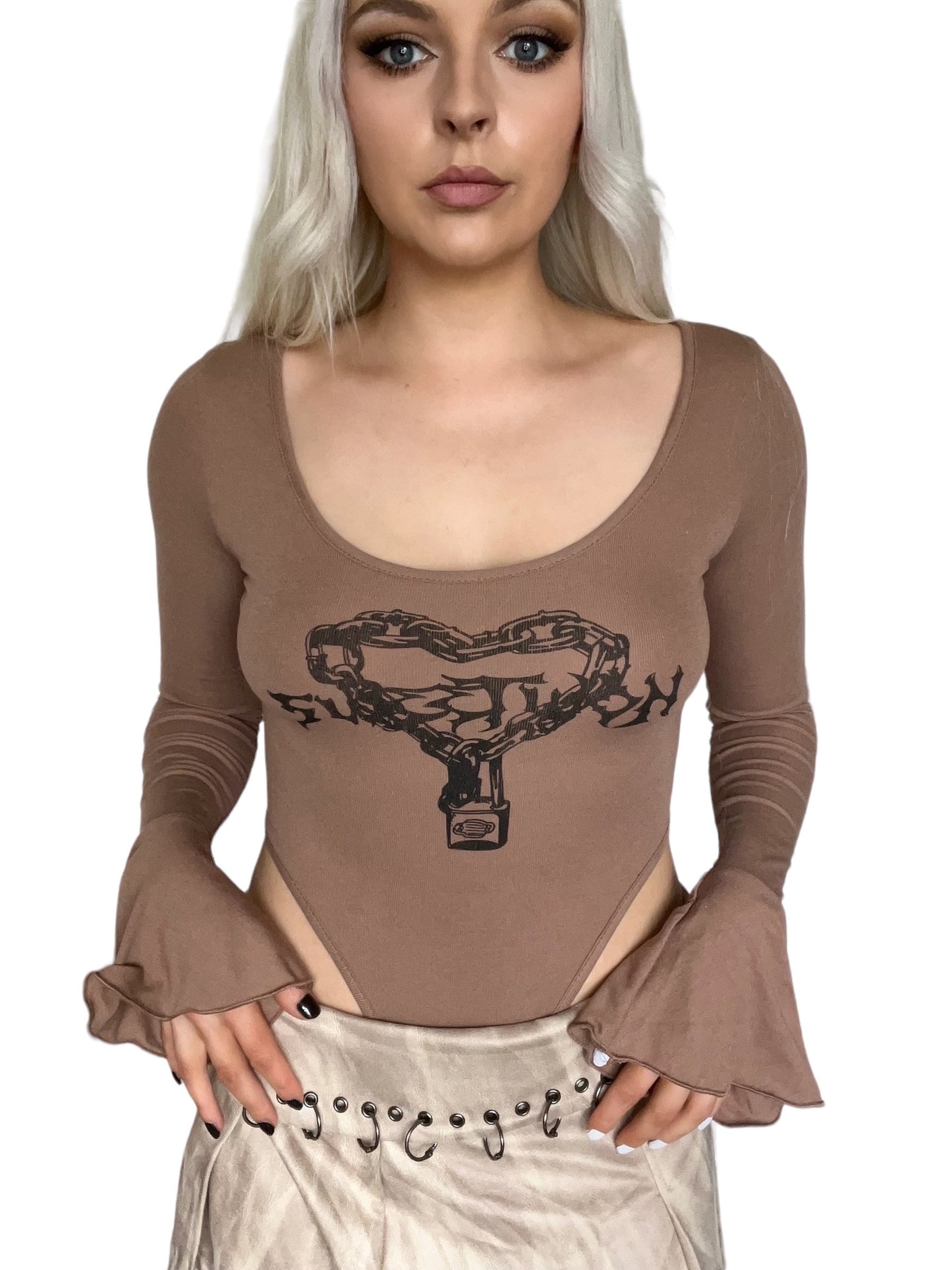 Brown Heart Punk Graphic Y2K Bodysuit