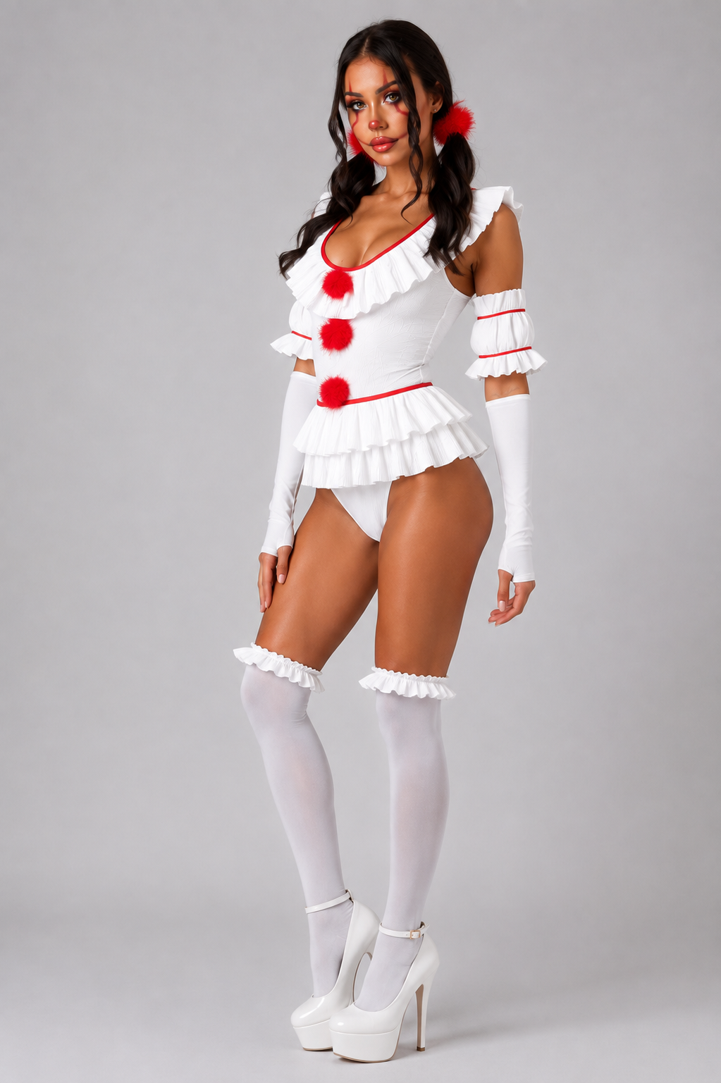 White Horror Clown Frill Bodysuit Outfit Cosplay Halloween Costume Set
