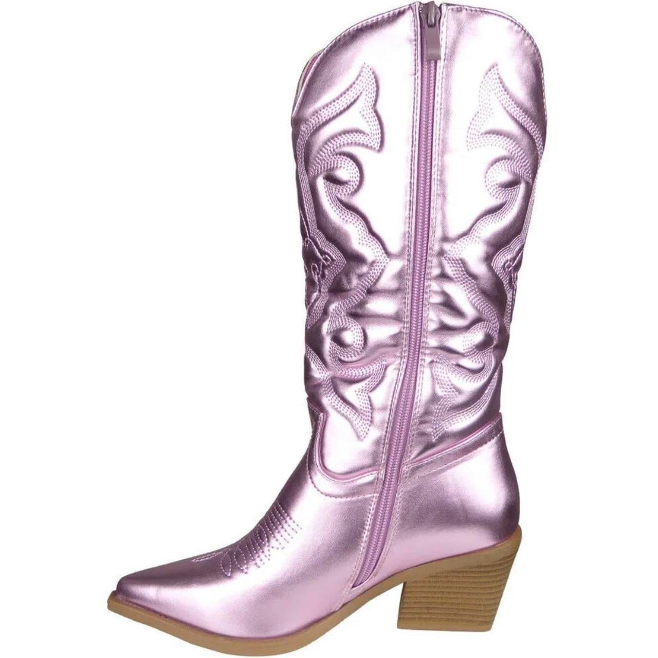 Pink Metallic Faux Leather Mid Calf Cowboy Boots