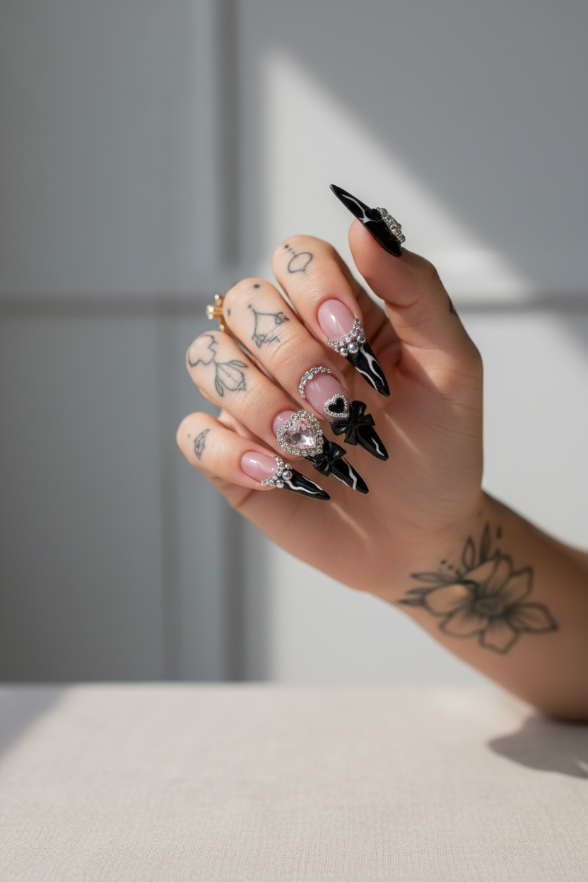 Black French Stiletto Handmade Rhinestone Heart Punk Y2k Press On Nails