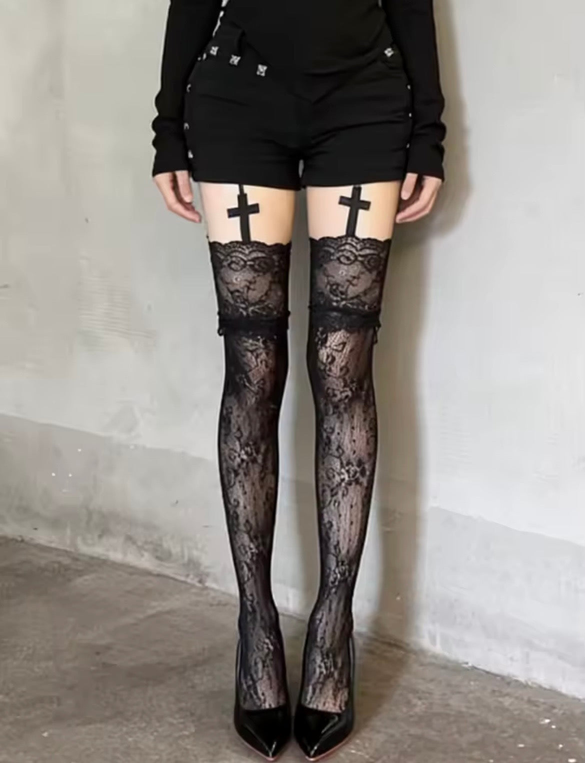 Black Lace Inverted Cross Thigh-High Illusion Tights
