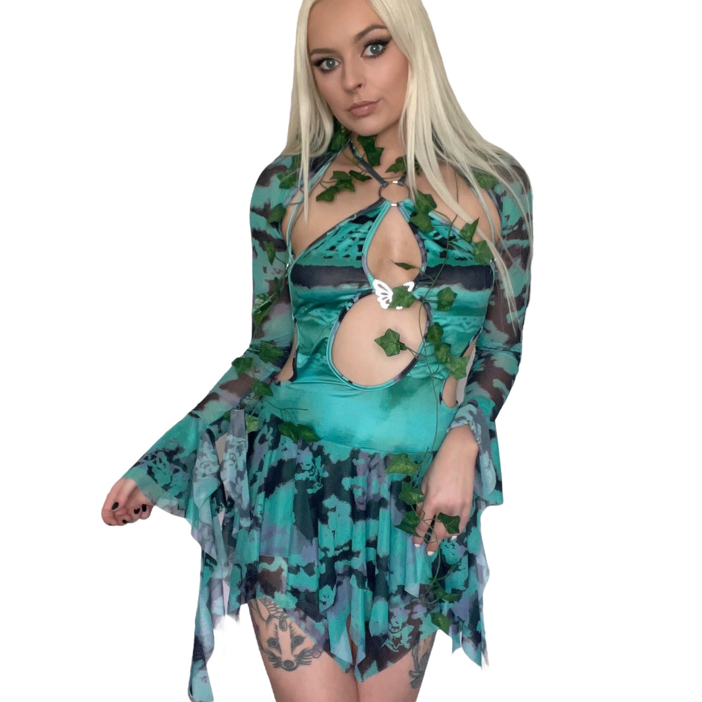 Green Poison Ivy Fairy Halloween 2 Piece Mesh Dress Costume