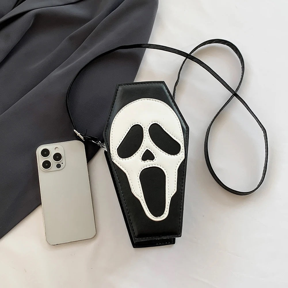 Faux Leather Ghost Face Coffin Shaped Cross Body Bag