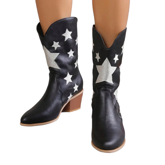 Black Faux Leather Star Calf Rise Cowboy Boots