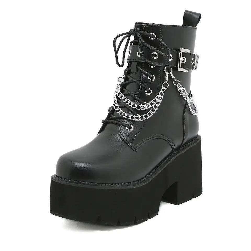 Black Faux Leather Platform Chain Heel Boots