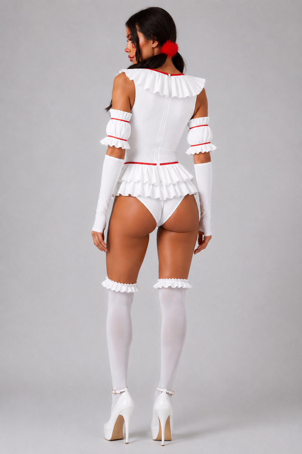 White Horror Clown Frill Bodysuit Outfit Cosplay Halloween Costume Set