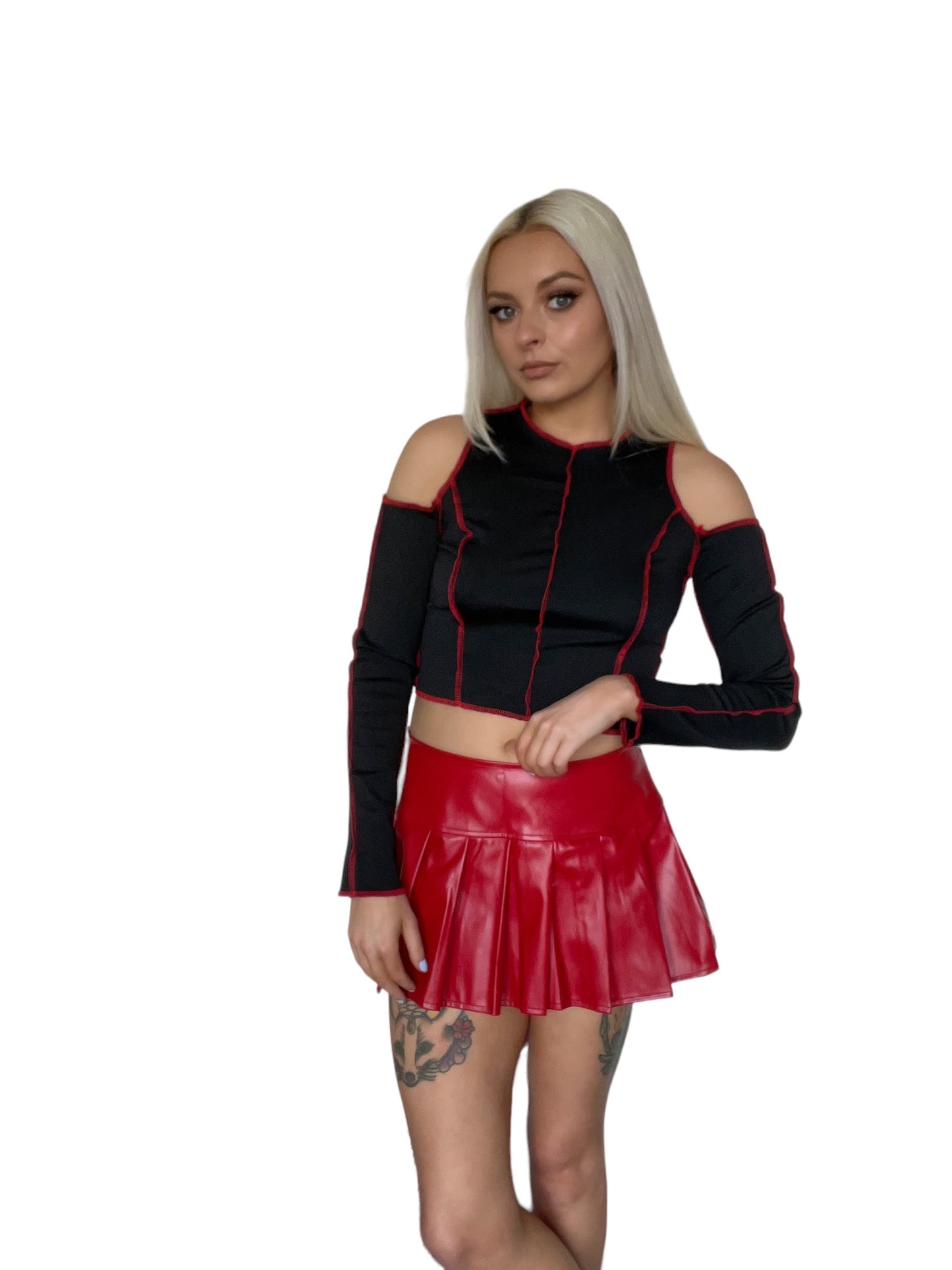 Red Faux Leather Low Rise Tennis Mini Skater Skirt