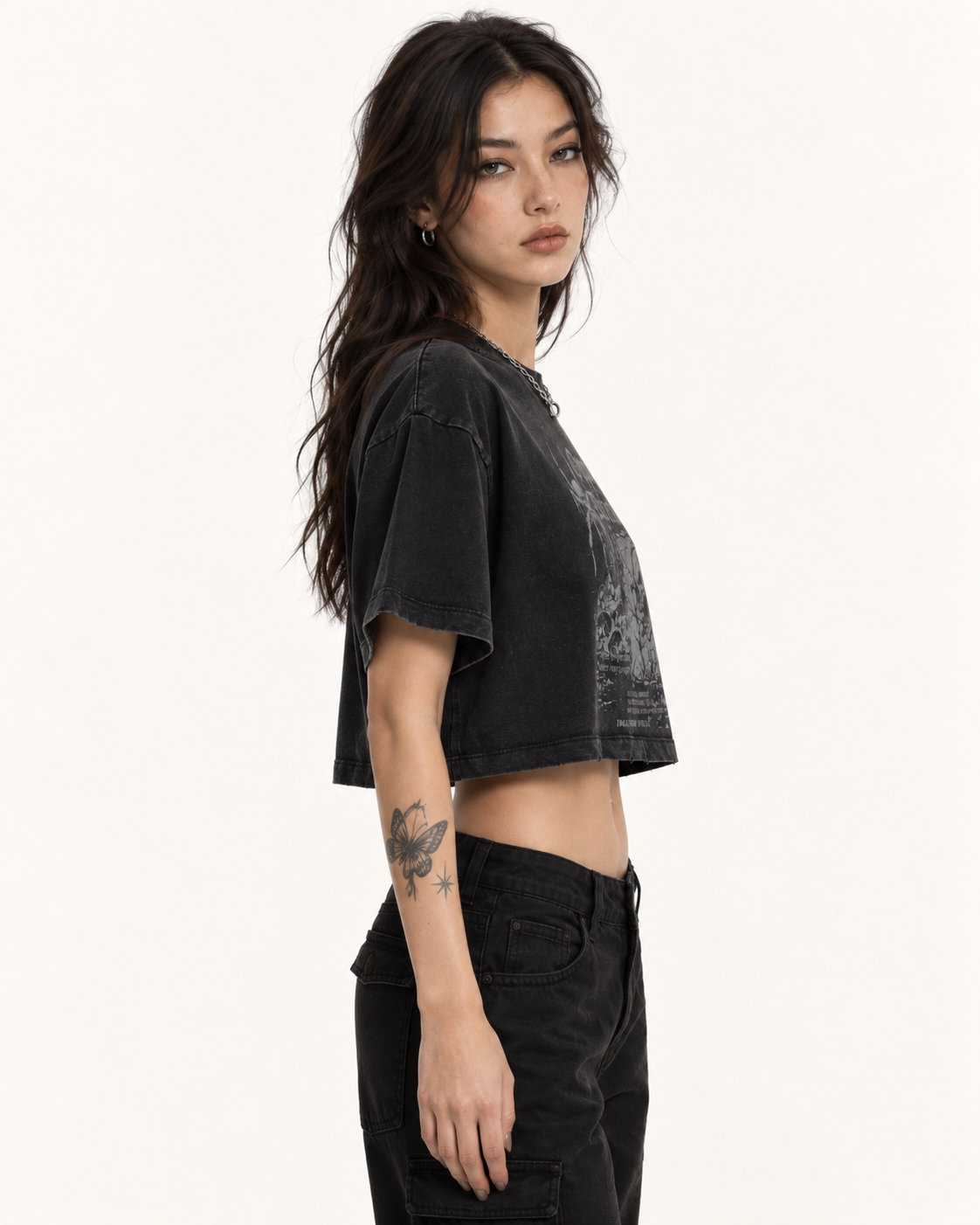 Black Gothic Graphic Crop T-Shirt – Oversized Washed Spider & Skull Tee