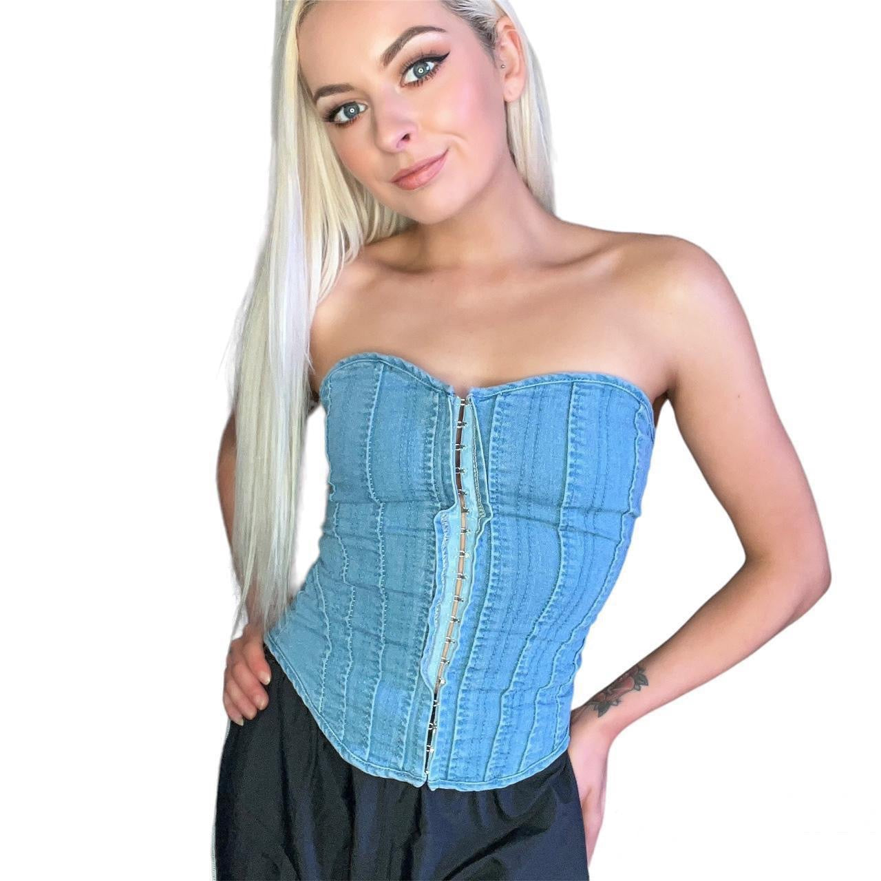 Blue Denim Strapless Y2K Style Corset Top