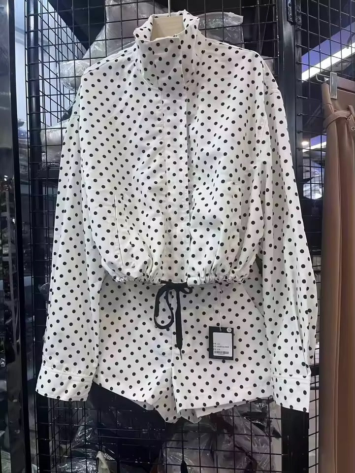 White Polka Dot Co Ord Retro Jacket Shorts Outfit Set