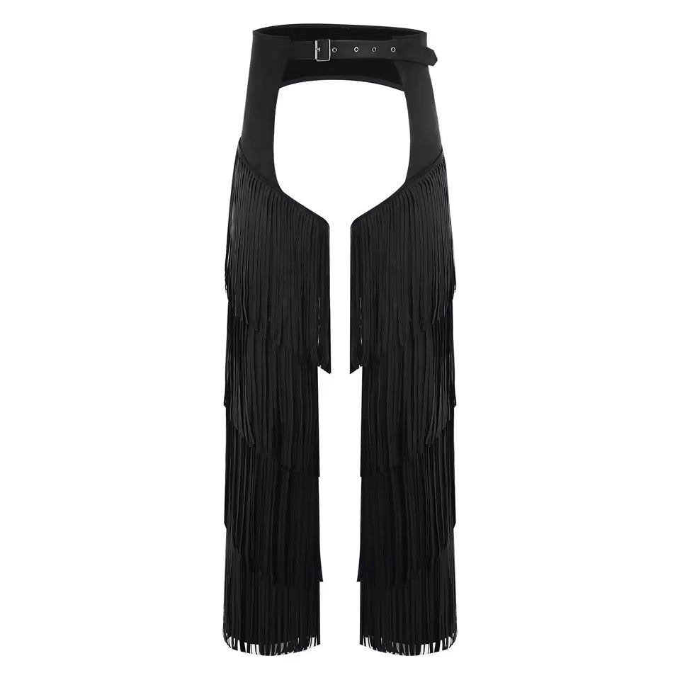 Black Faux Suede Tassel Cut Out Chaps Trousers With Belt
