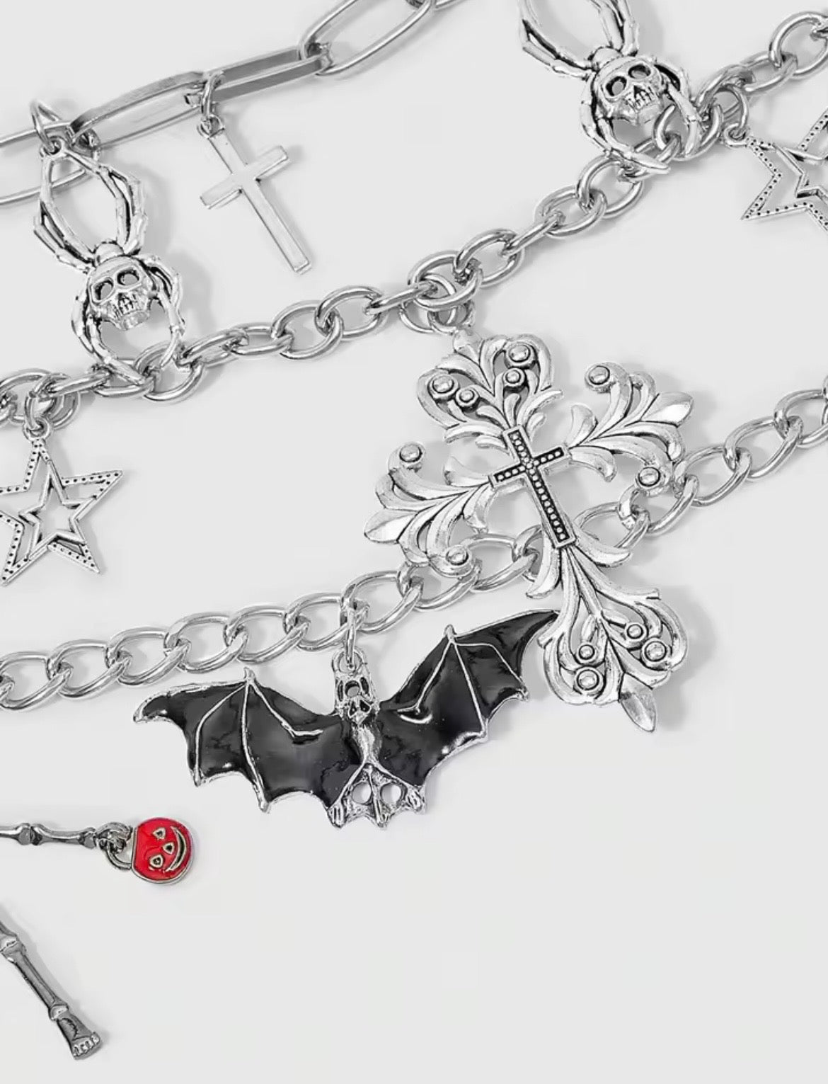 Silver Gothic Bat Skeleton Charm Layer Chain Belt