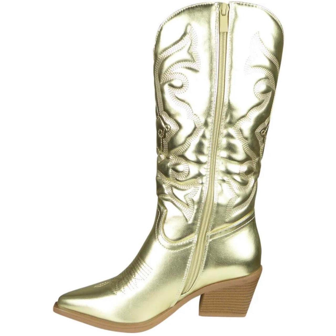 Gold Metallic Faux Leather Mid Calf Cowboy Boots