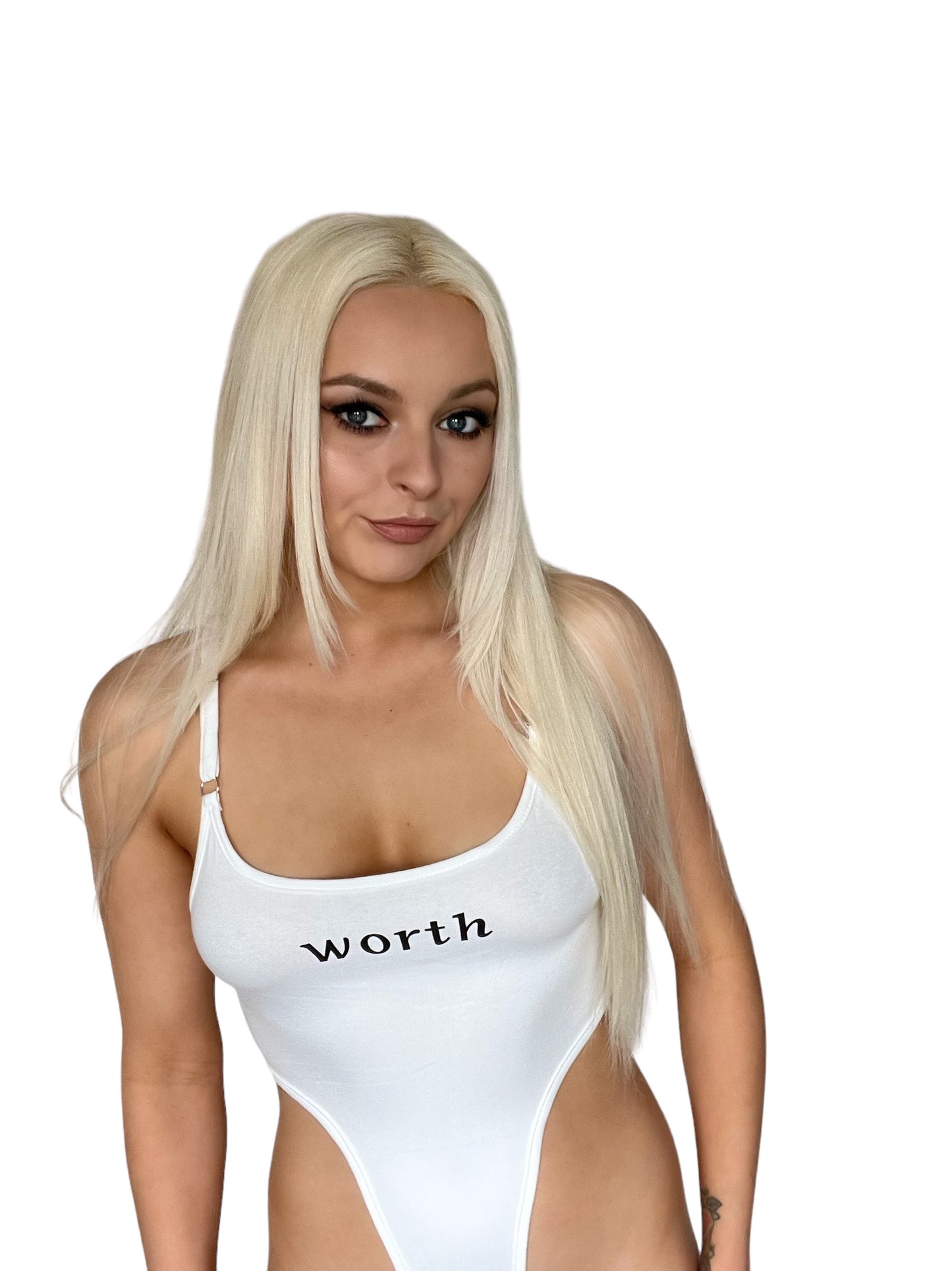 White or Black Worth Slogan High Leg Basic Bodysuit