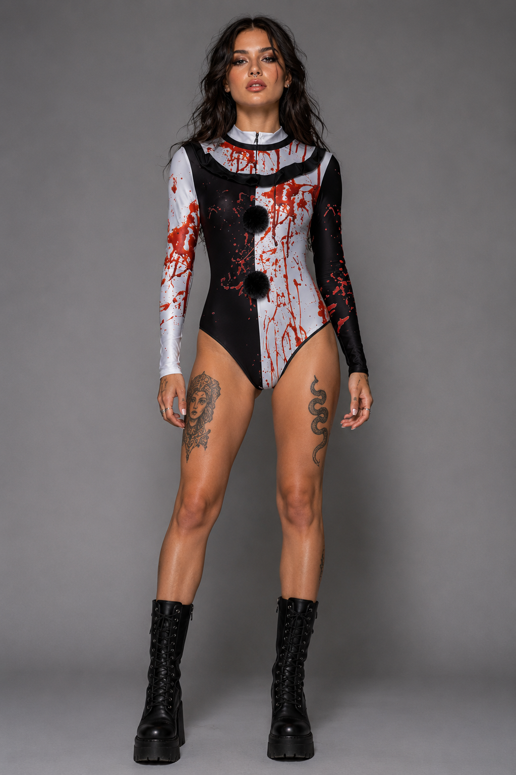 Black And White Monochrome Blood Splattered Horror Clown Bodysuit Halloween Costume