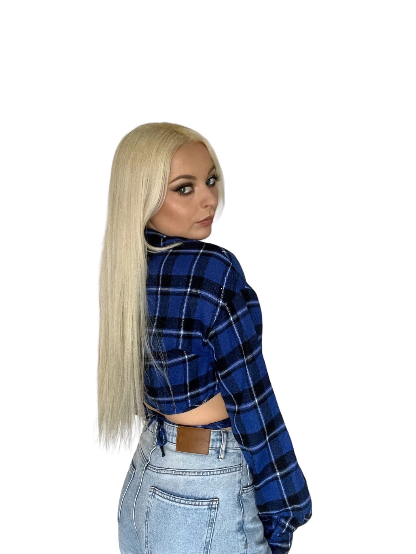 Blue Checkered Flannel Cropped Wrap Shirt