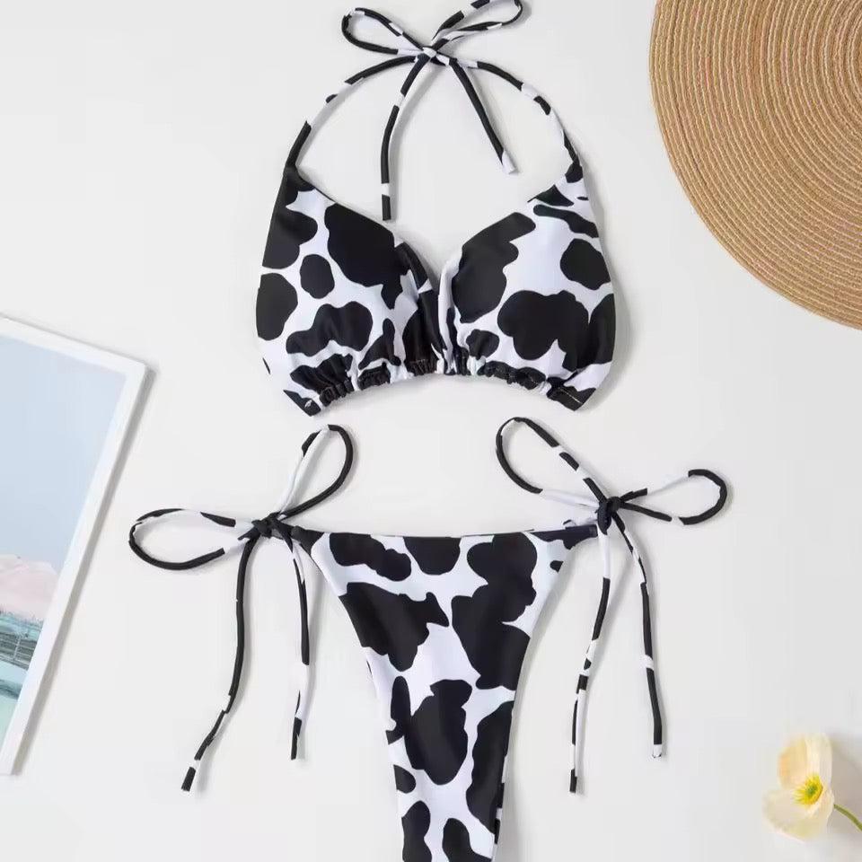 Black And White Sexy Cow Girl 3 Piece Bikini Chap Tassel Trousers Cosplay Outfit Set