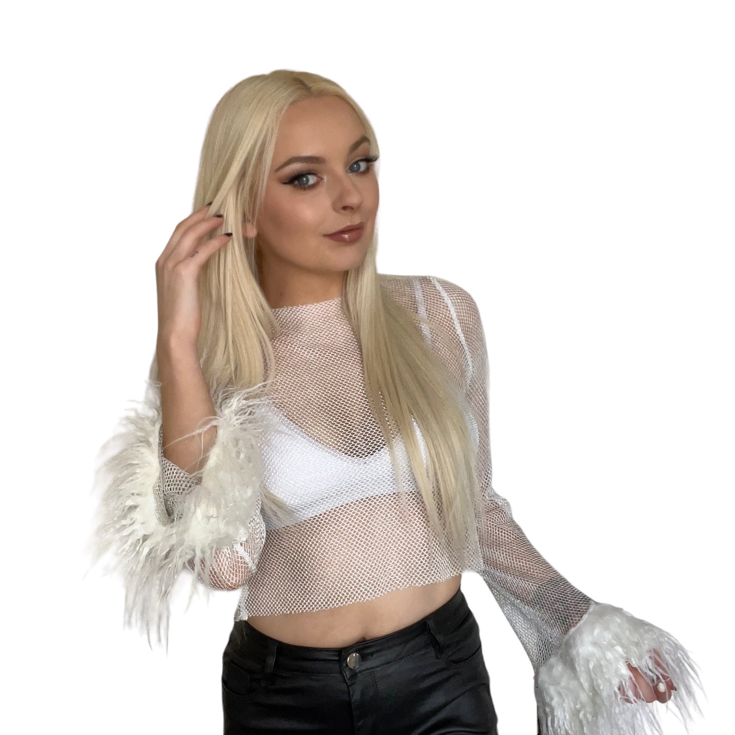 White Fishnet Y2k Fluffy Crop Top