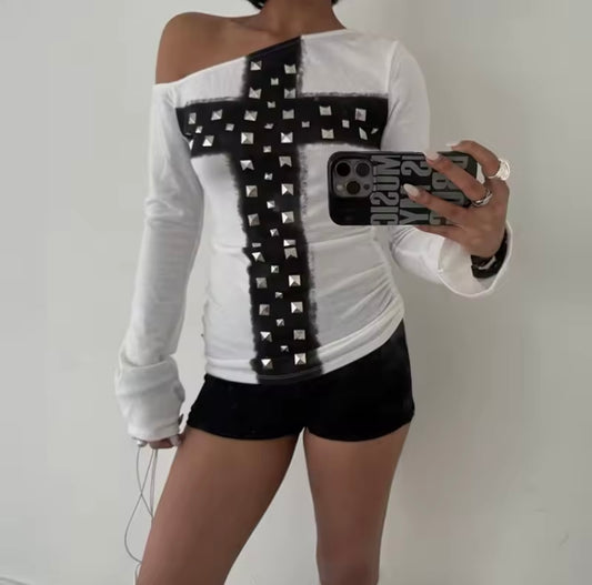 White Cross Studded Gothic Y2K Off Shoulder Top