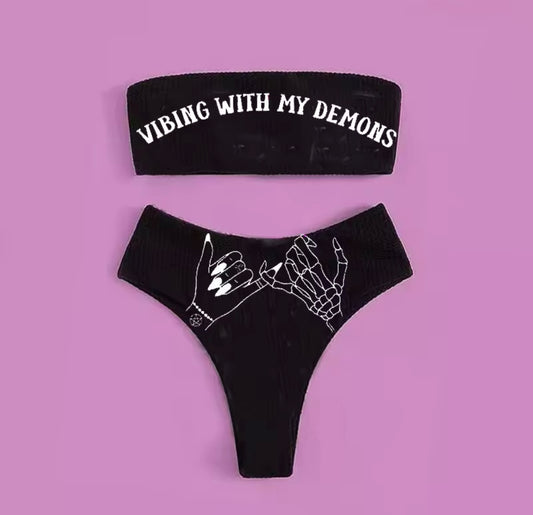 Black Vibing With My Demons Friendship Alternative Bikini Set