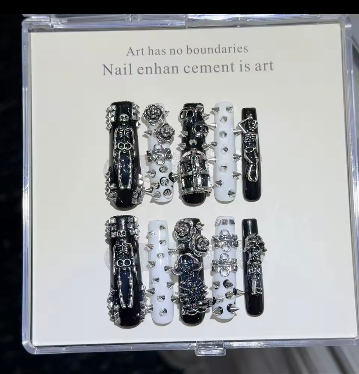 Monochrome Skeleton Punk Studded Long Square Press On Handmade Nails