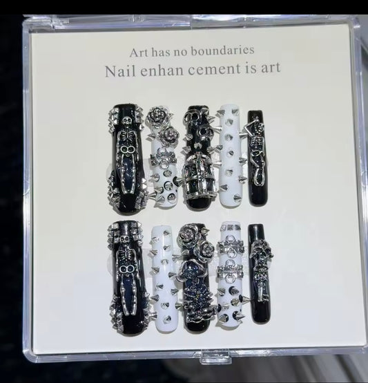 Monochrome Skeleton Punk Studded Long Square Press On Handmade Nails