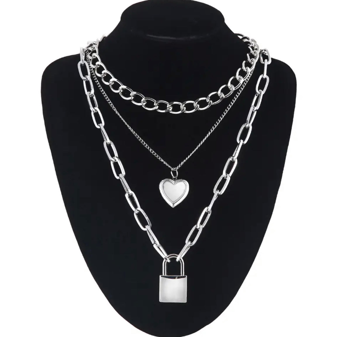 Silver Tiered Choker Heart Locket Punk Necklace