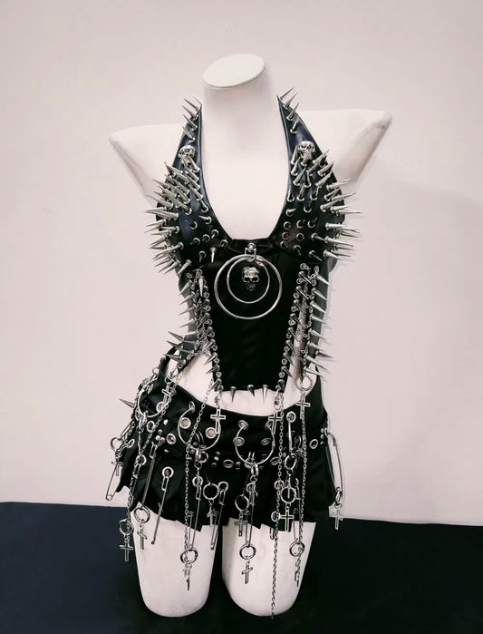 Black Faux Leather Spike Halter Punk Metal Top