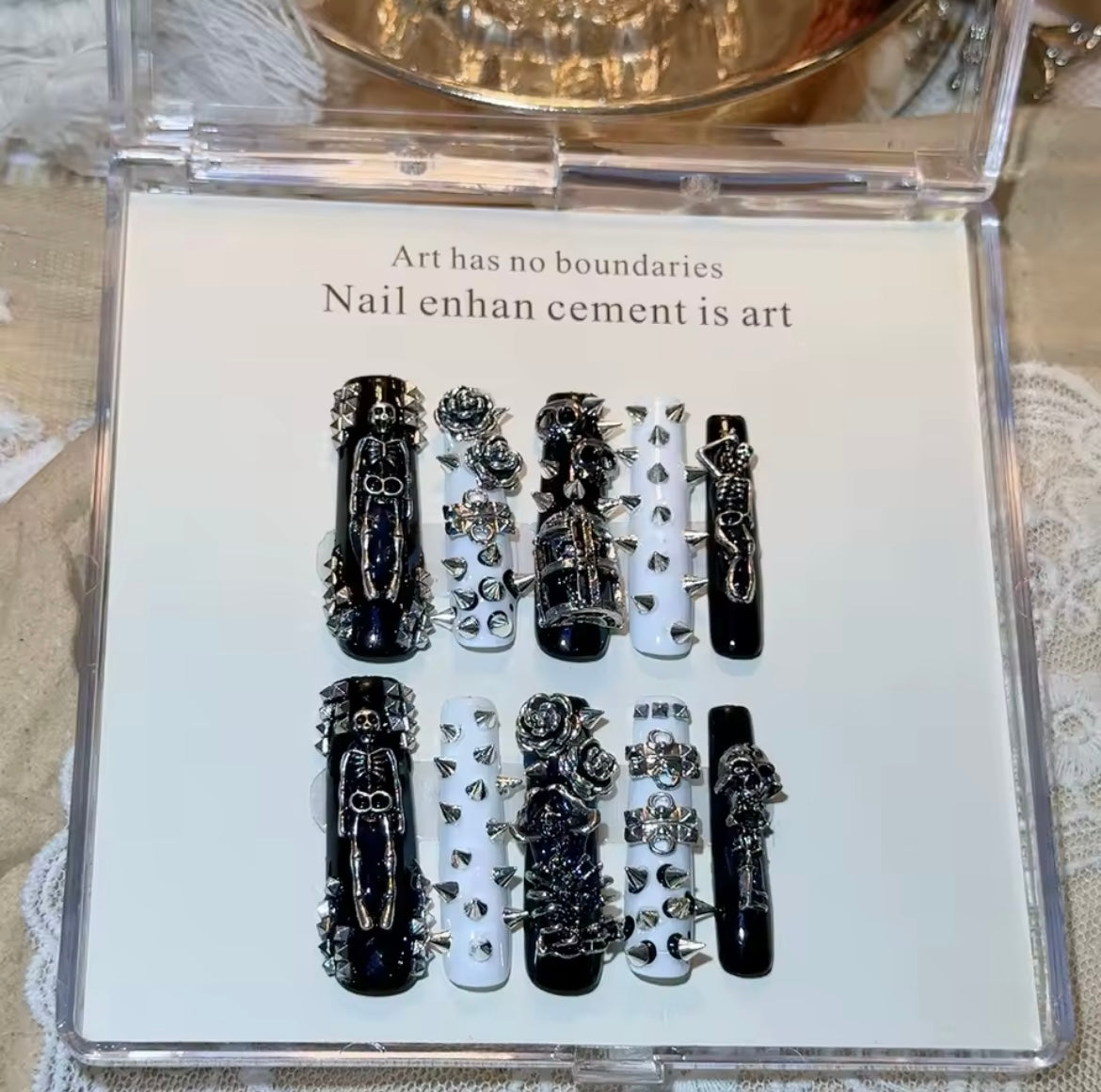 Monochrome Skeleton Punk Studded Long Square Press On Handmade Nails