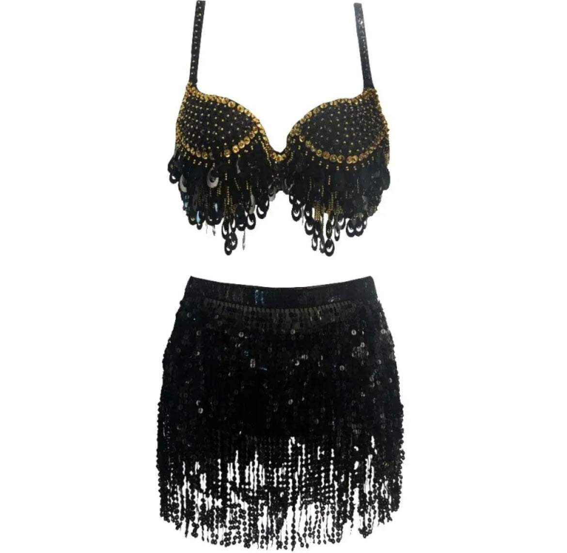 Black Sequin Tassel 2 Piece Belly Dance Festival Outfit Set