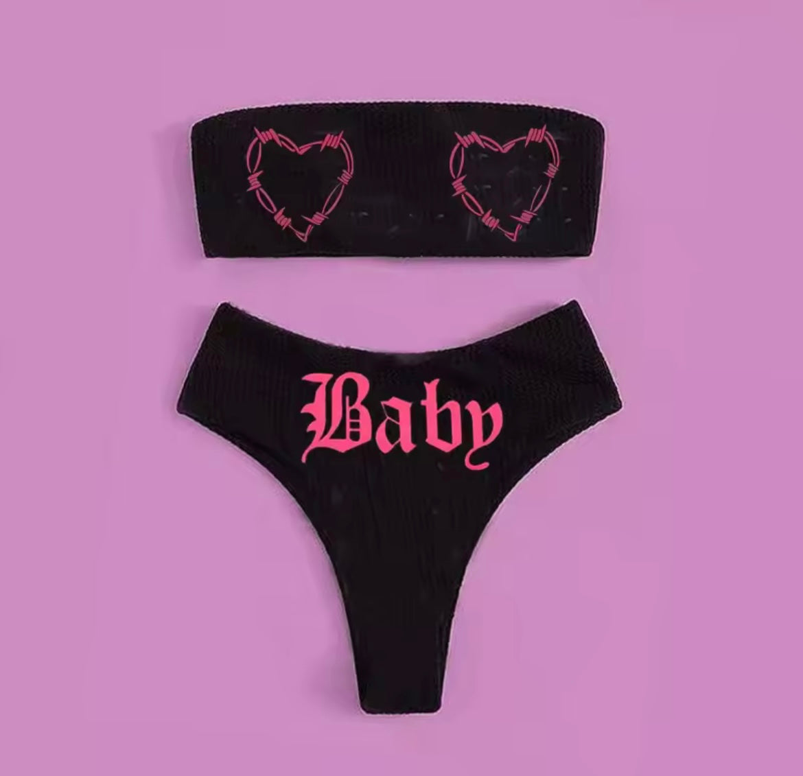 Black Y2K Tumblr Baby Alternative Heart Bikini Set